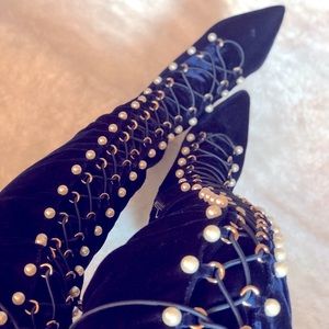 Thea - Thigh High Pearl Corset Boot Navy Blue